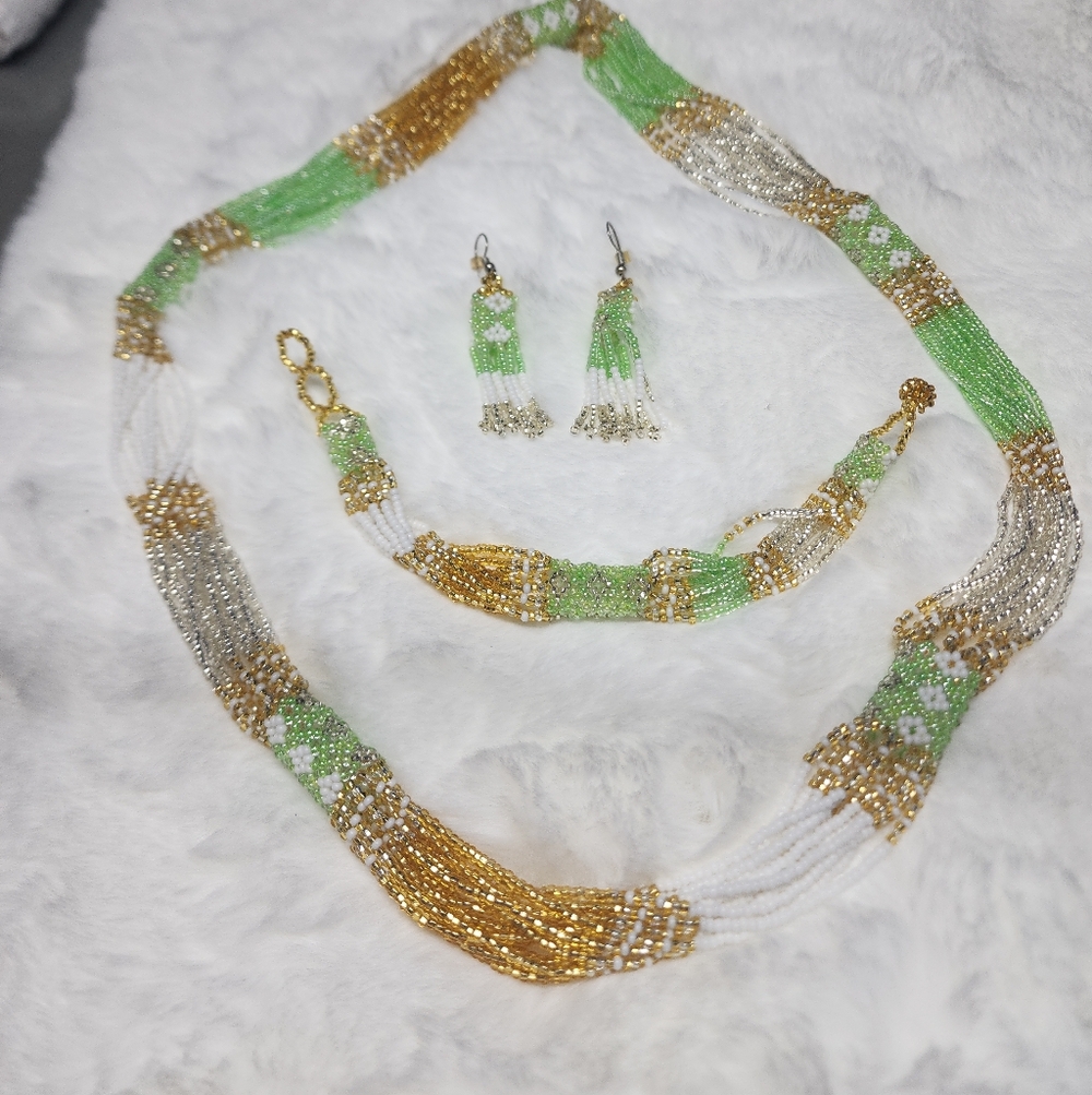 Elegant Beaded Necklace, Earrings & Bracelet in Green and Gold